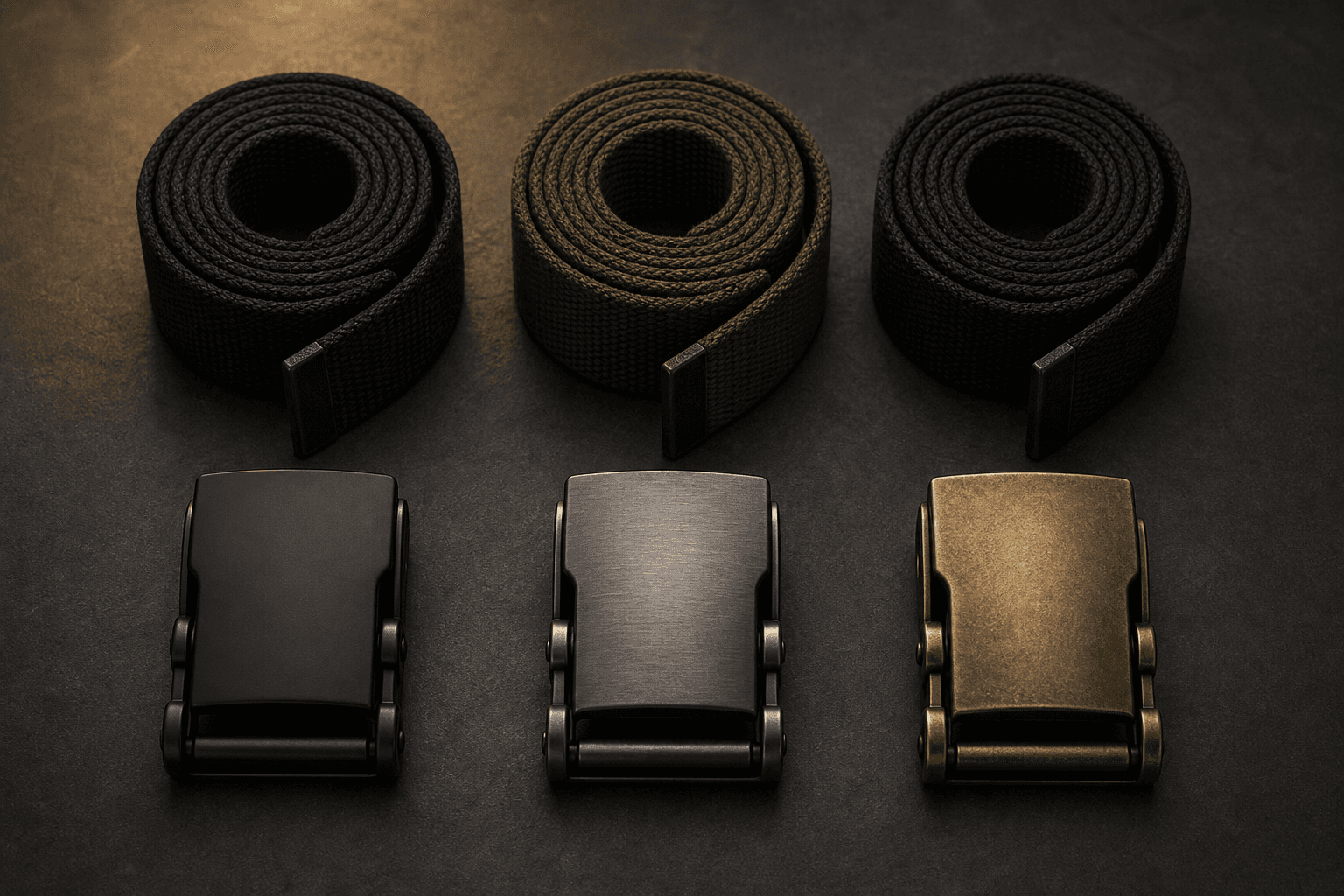 Matte black, brass and brushed metal belt buckle finish options with woven webbing
