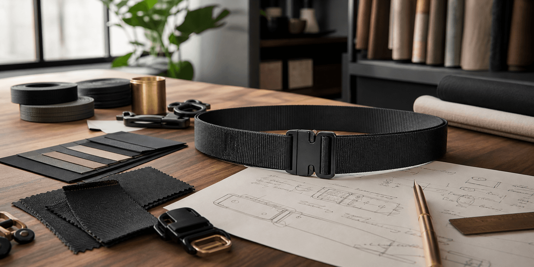 Custom black webbing belt, material swatches and product sketches on a worktable