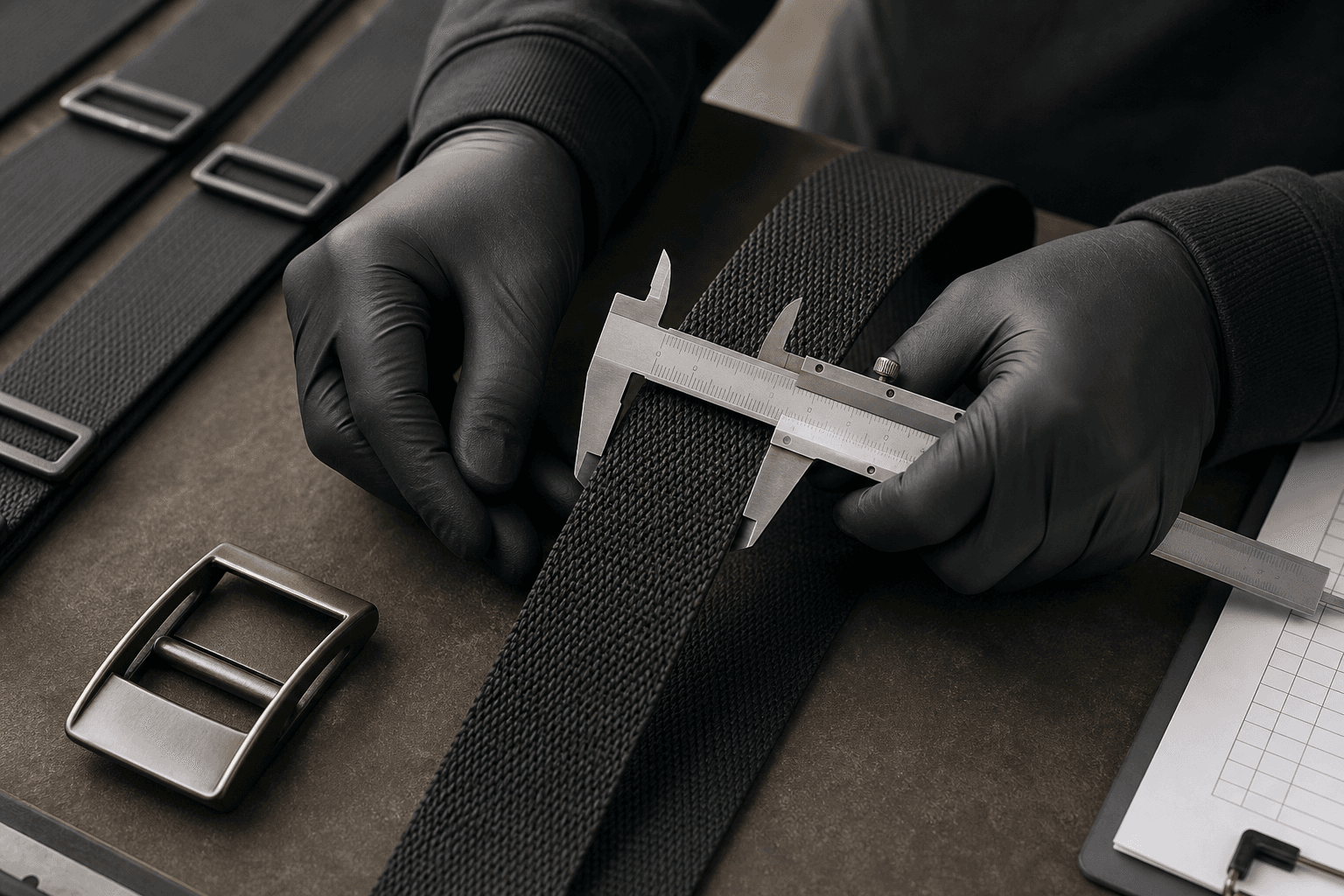 Custom belt webbing measured during a sample approval review