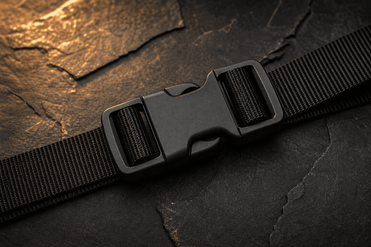 Matte black quick-release buckle attached to woven black belt webbing