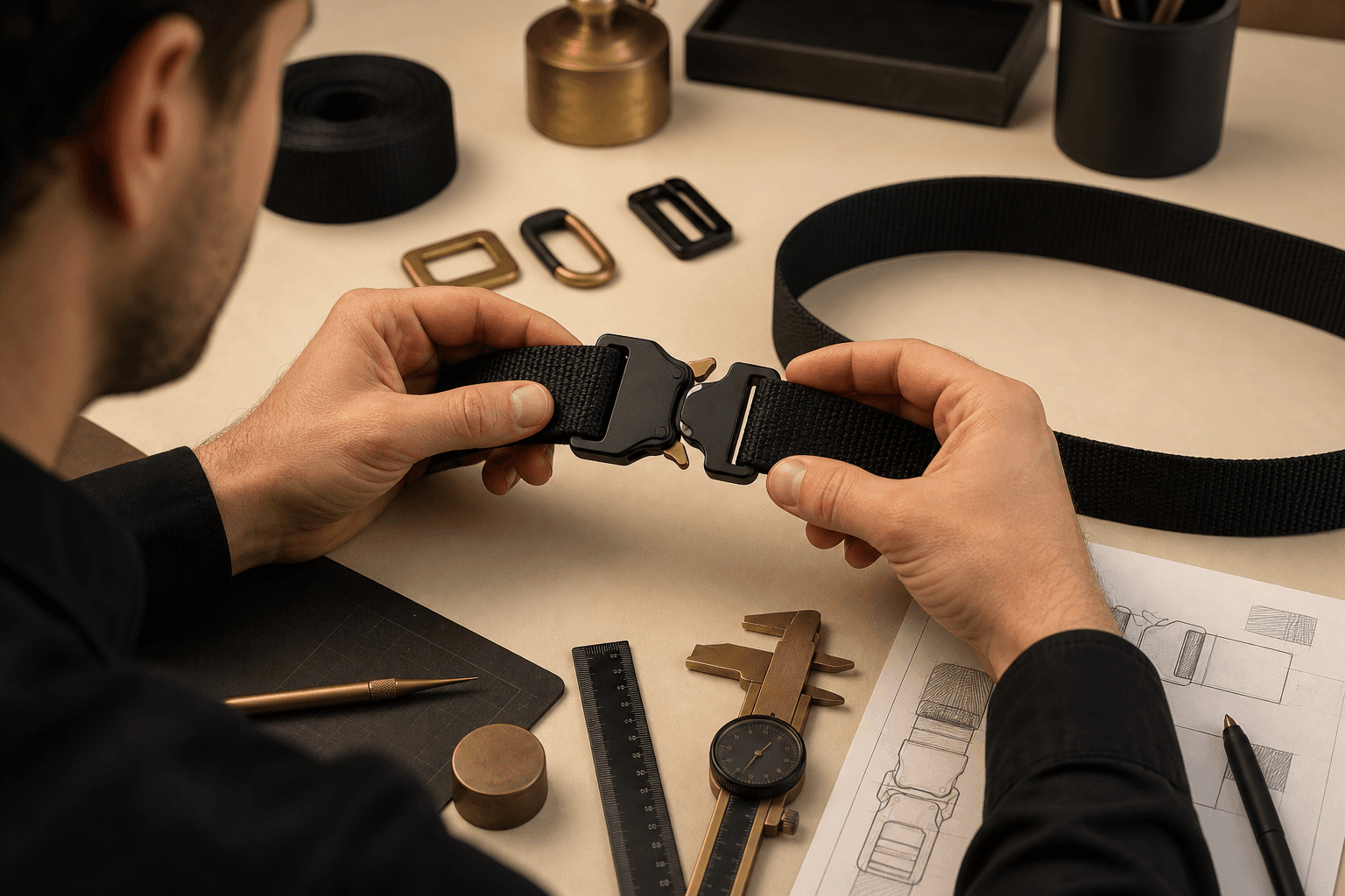 Belt designer reviewing quick-release buckle alignment on a woven strap