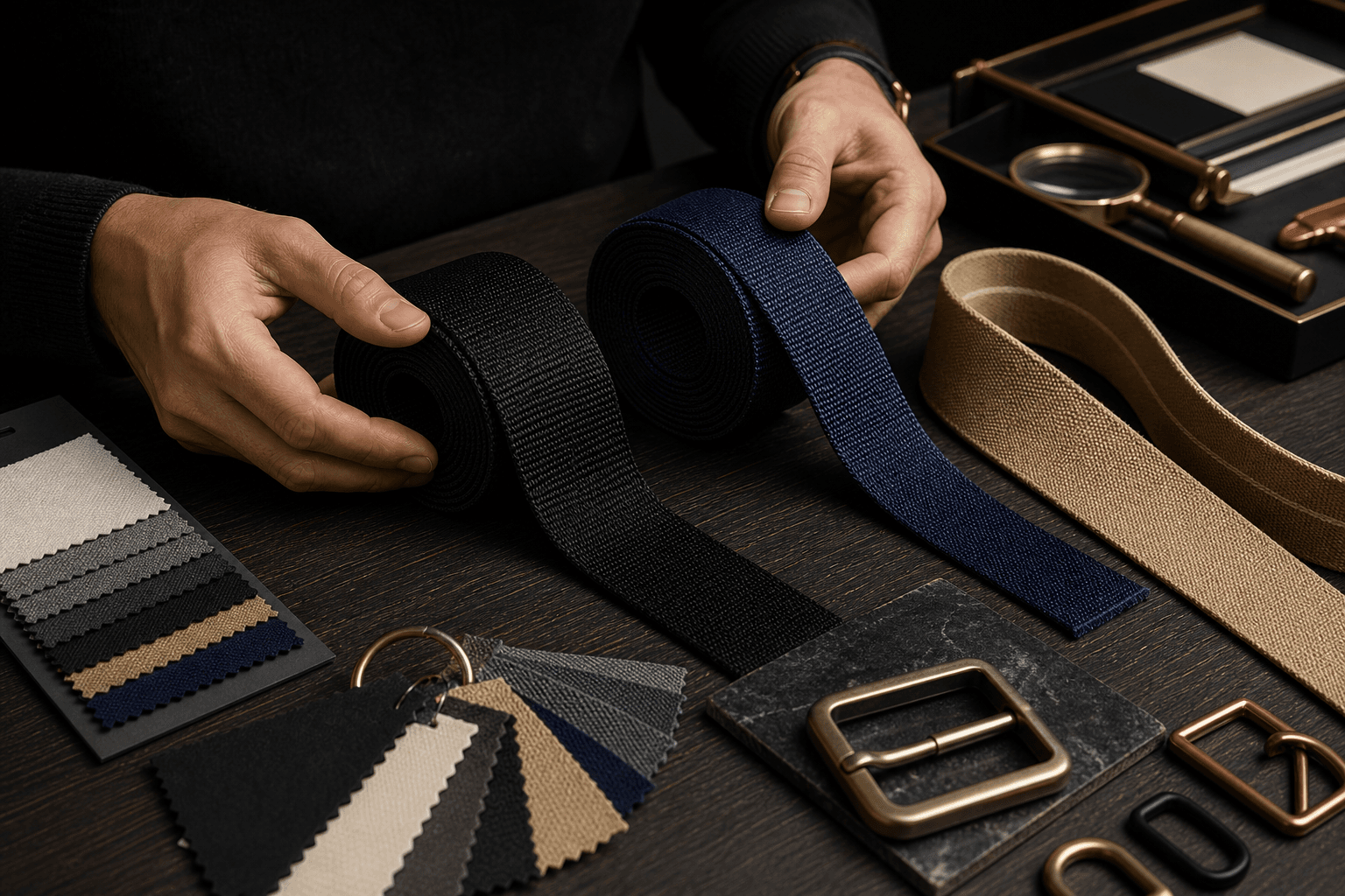 Designer comparing dark webbing rolls and fabric swatches on a worktable