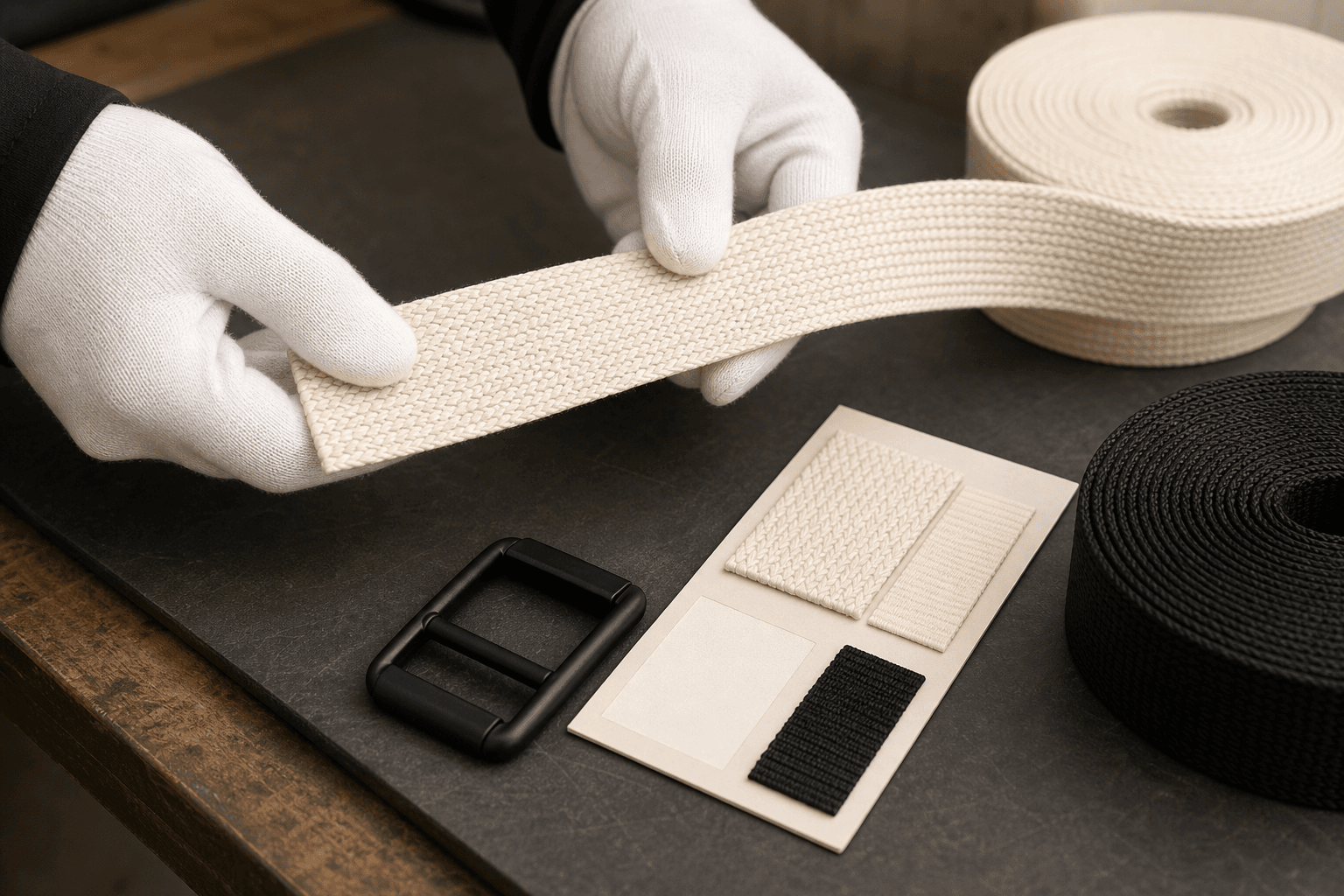 Quality inspection of a woven belt strap beside a buckle and specification sheet