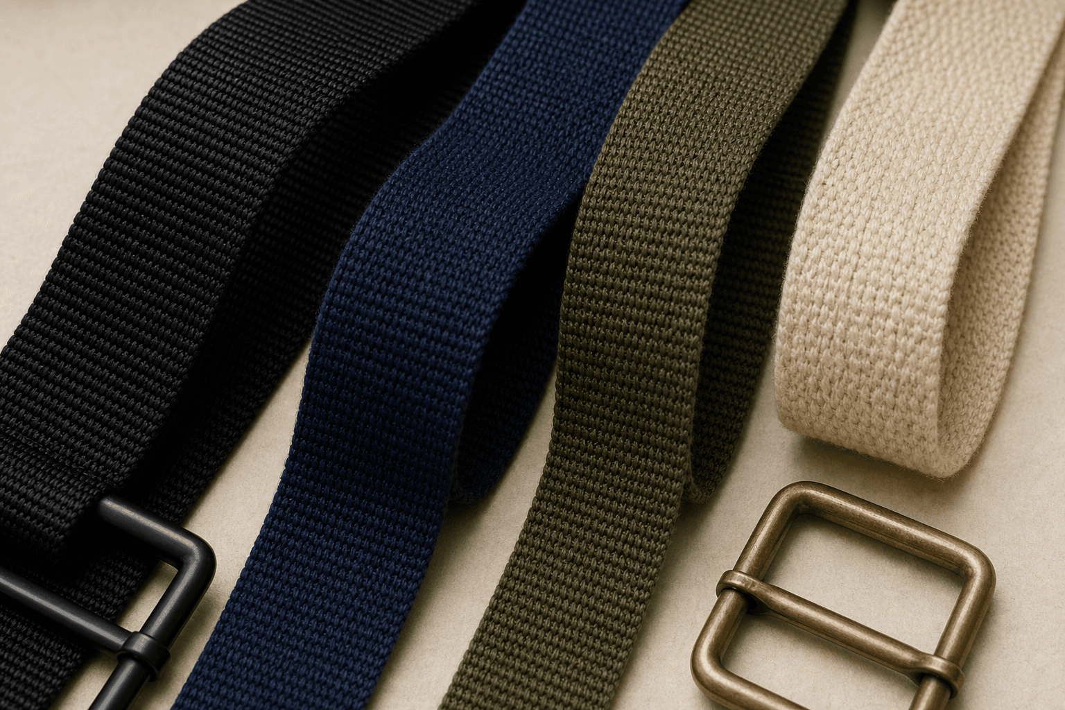 Nylon, polyester and canvas webbing samples in dark neutral colours