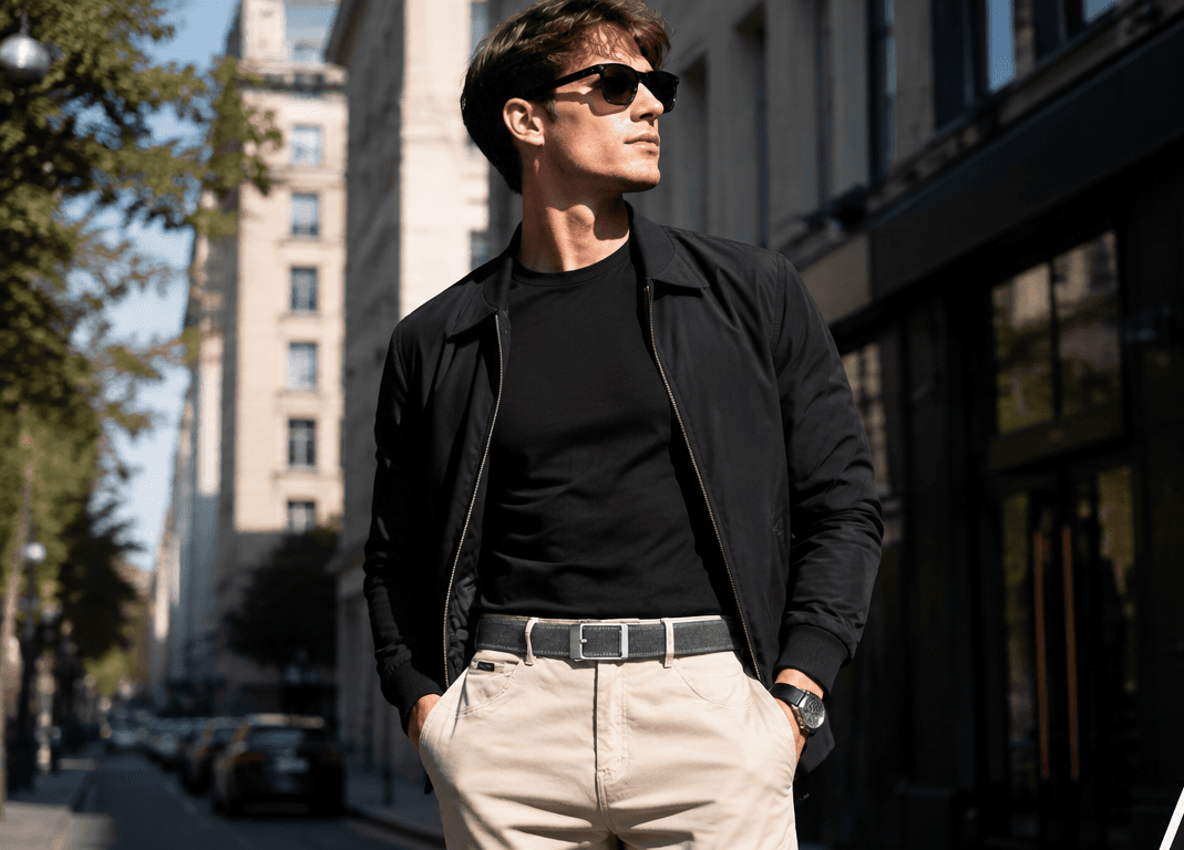 Man wearing a casual black canvas belt in an urban setting