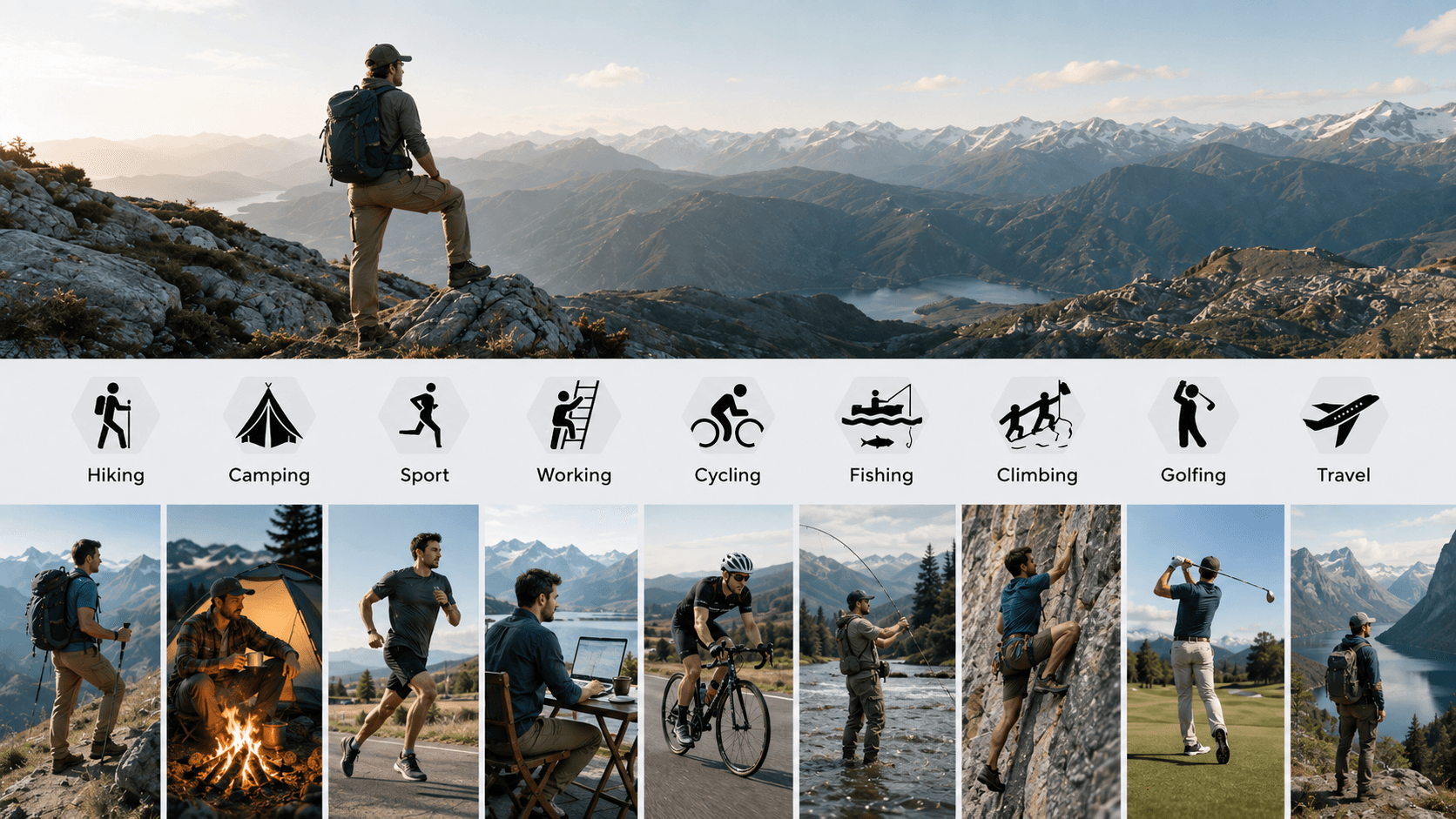 Nylon belt use scenarios including hiking, camping, sport, working, cycling, fishing, climbing, golfing and travel