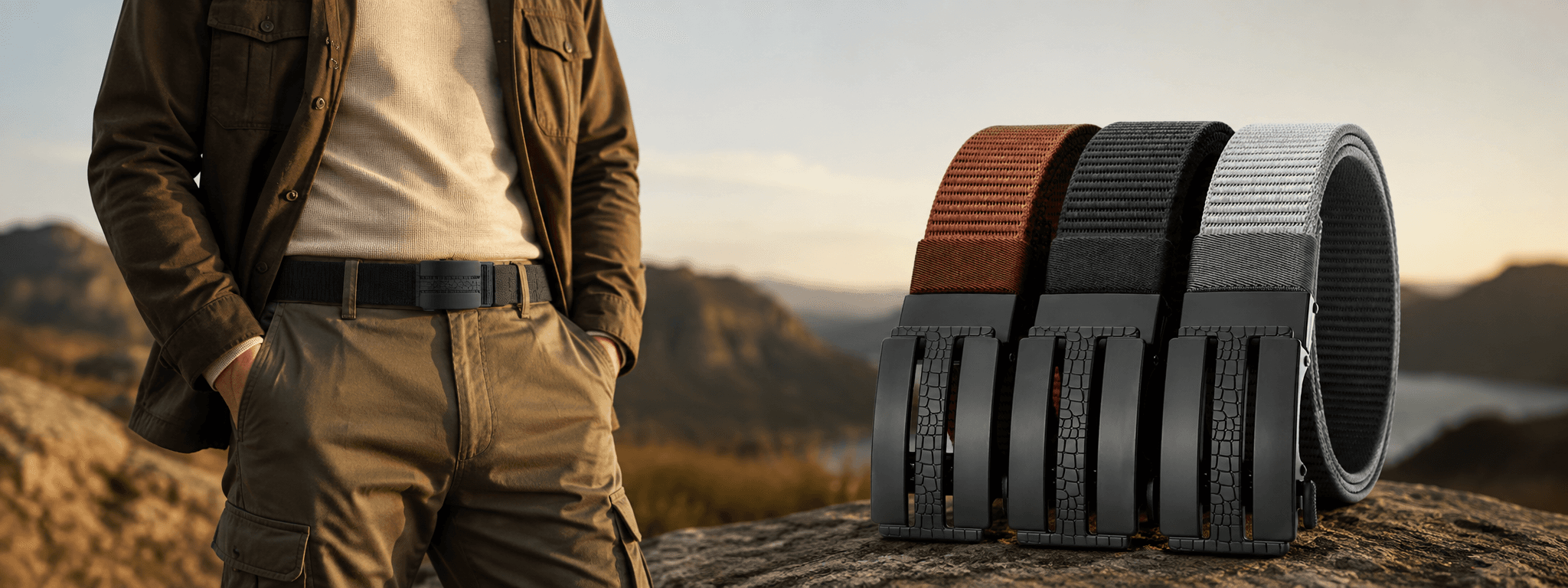 Ratchet-free nylon belt series with black, brown and grey belts