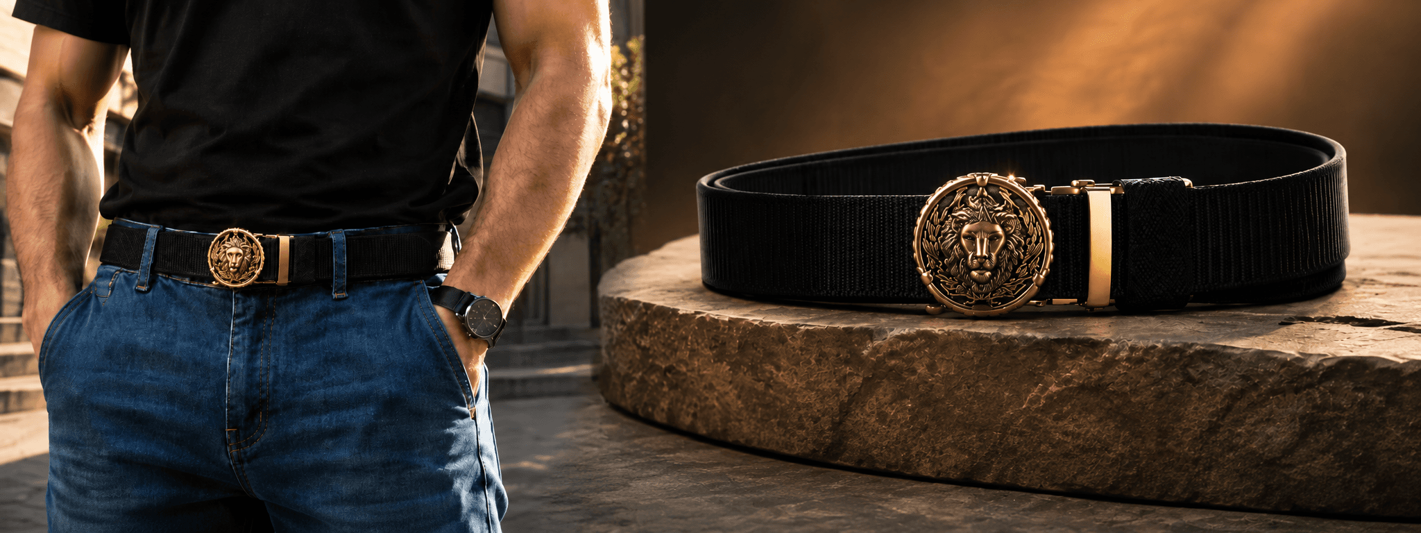 Animal buckle nylon belt series with sculpted gold crest buckle