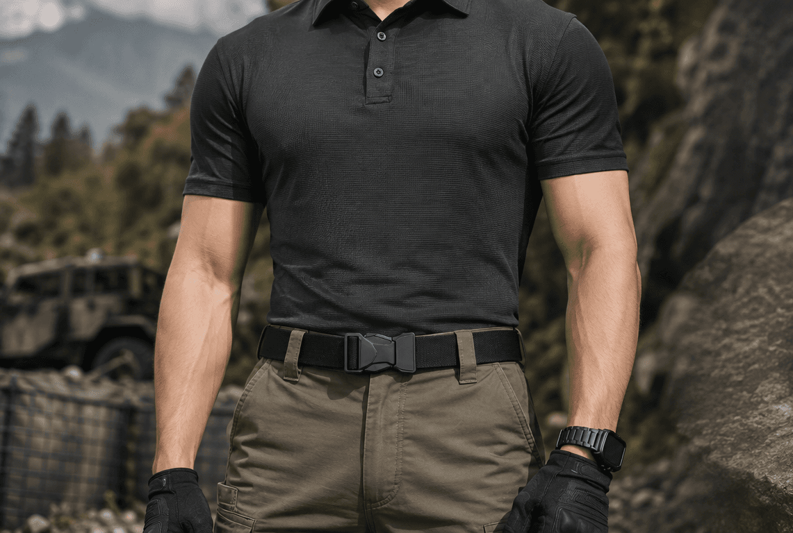 Utility tactical belt worn with a black quick-release buckle in an outdoor setting