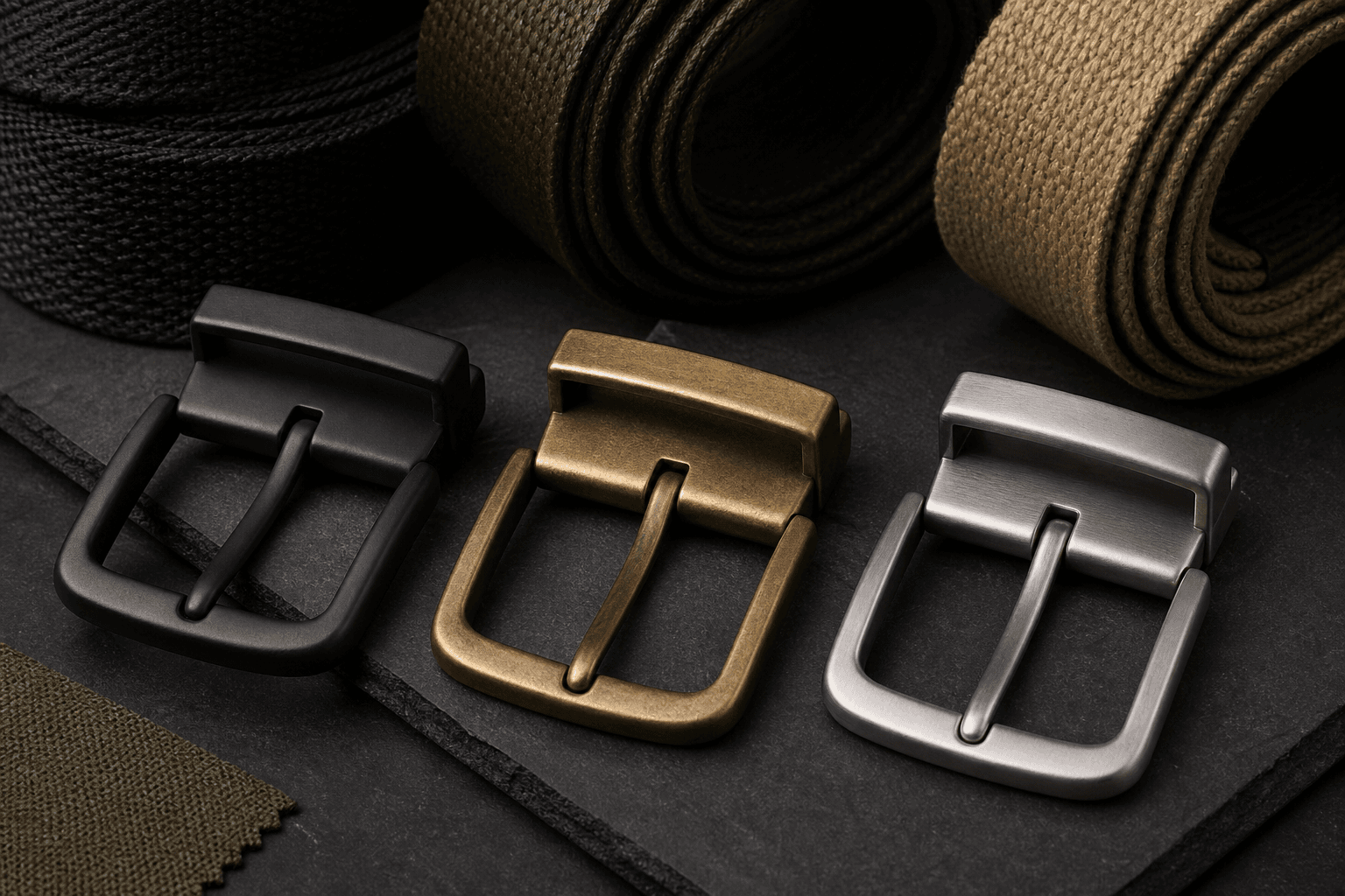 Premium belt buckle finishes arranged with rolled woven webbing