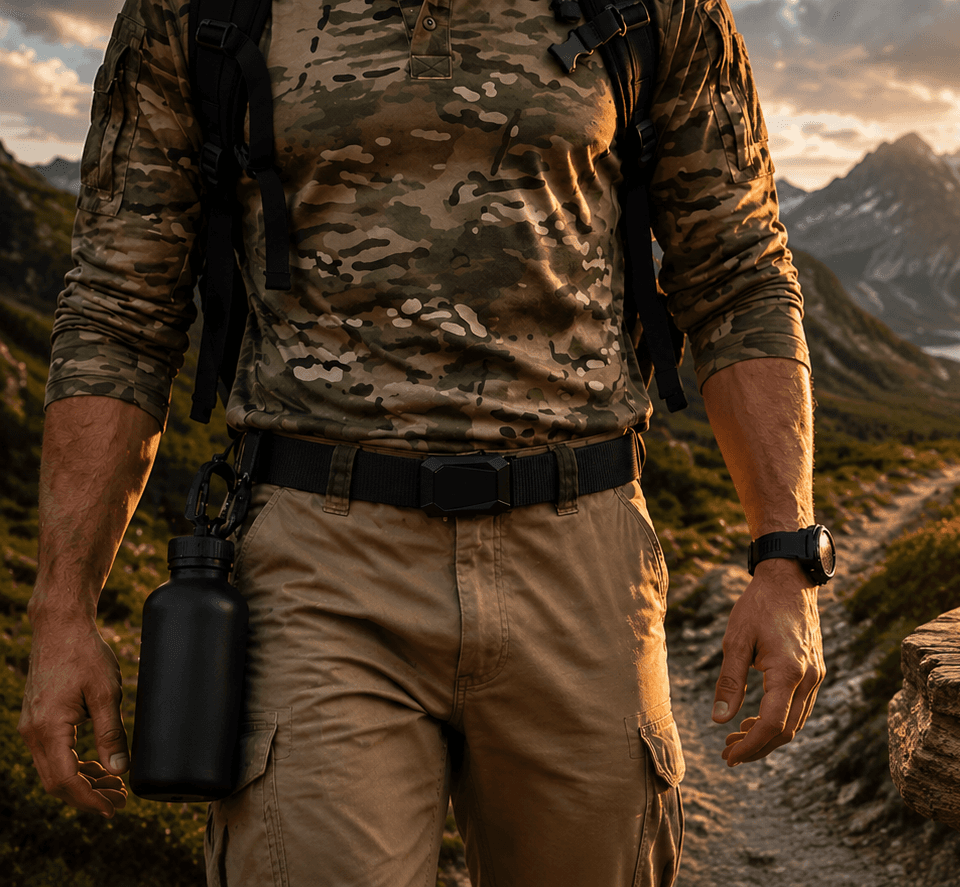 Outdoor wearer using a black EDC belt for everyday carry