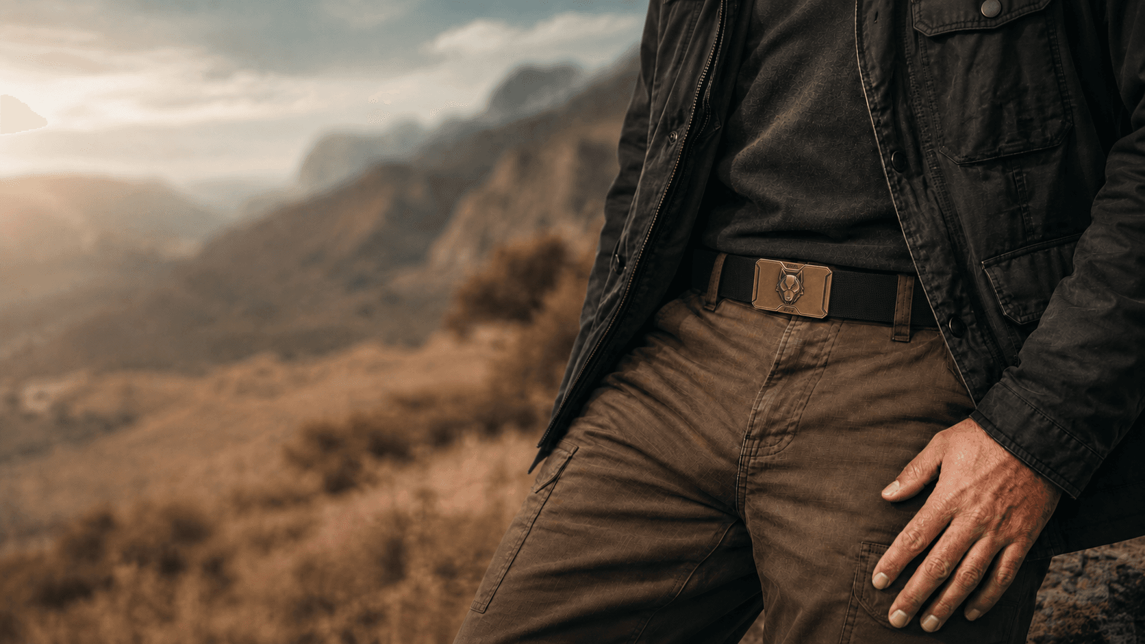 Custom fabric belt with an animal-inspired buckle for outdoor and lifestyle collections